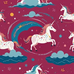 Pink background with clouds and a unicorn