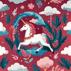 Pink background with clouds and a unicorn