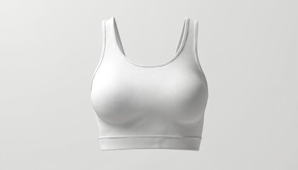 Plain white sports bra mockup displayed on plain background. Apparel garment for women perfect for fitness brands. Comfortable activewear for gym and yoga. Soft fabric, suitable for promotion.