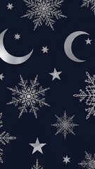 Elegant Winter Night Sky Pattern with Silver Snowflakes, Moons, and Stars.