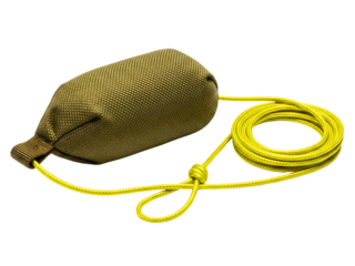 Green fabric throw weight pouch with coiled yellow rope on a transparent background