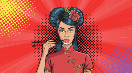 A beautiful girl in oriental costume advertises sushi in pop art style.