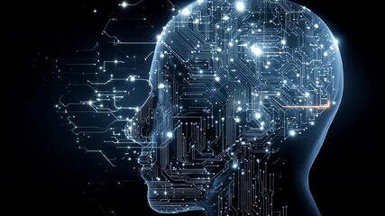 Silhouette of a male head with a neural network design over dark blue background, illustrating the blend of ai technology and human thought processes in a digital format - Powered by Adobe