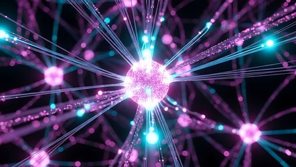 Abstract glowing neural network with interconnected nodes and vibrant light beams representing artificial intelligence and data flow.