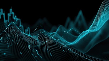 Digital waves illustrate data trends in a virtual space