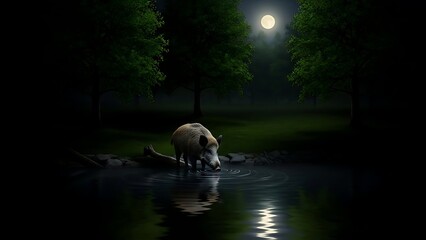 🌕 Nocturnal Boar Drinking Under Full Moon