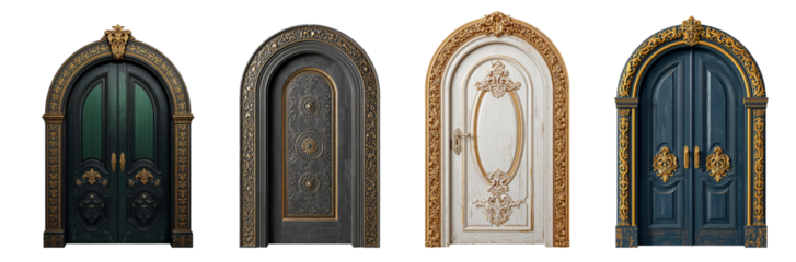 Vintage oval wooden door with gilding isolated on transparent background