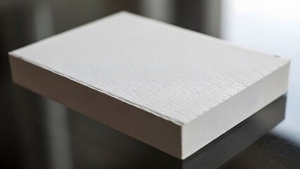 A stack of clean, white paper with a subtle texture, reflecting light on a dark, glossy surface