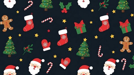 Festive Christmas Pattern with Holiday Icons on Dark Background.
