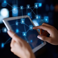 Naklejka premium Close-up of hands using tablet for secure digital network connection