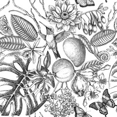 Tropical flowers pattern. Summer fruits, palm leaves hand drawn vector illustration. Exotic birds seamless background. Not AI generated 