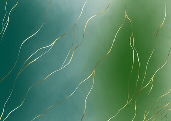 Abstract green gradient background with elegant gold wavy lines 