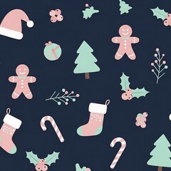 Festive Christmas Pattern with Gingerbread Men and Holiday Icons.