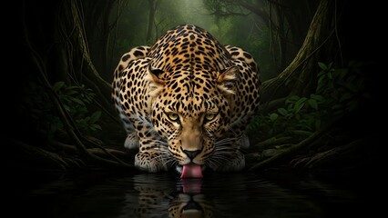 🐆 Intense Leopard Drinking in the Jungle