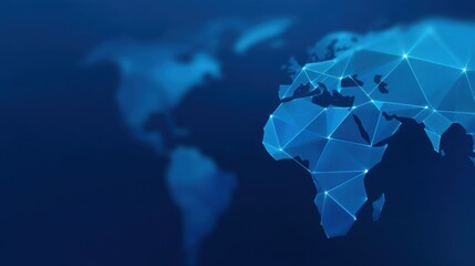 Abstract Digital World Map with Connecting Nodes in Blue Color Shades Representing Global Networking and Technology Advances Across Continents