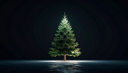 A glowing Christmas tree with lights shines during a snowy winter night in a pine forest landscape as stars and snowflakes fall on this festive holiday celebration illustration