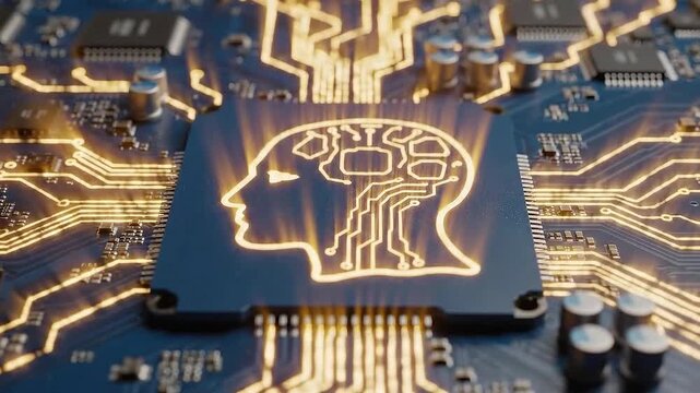 Digital Brain Chip on Blue Circuit Board with Glowing Orange Lines Representing Artificial Intelligence and Neural Networks