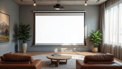 Modern conference room with projector screen, comfortable seating, and plants. Bright space for business meetings or presentations, office setting with natural light.