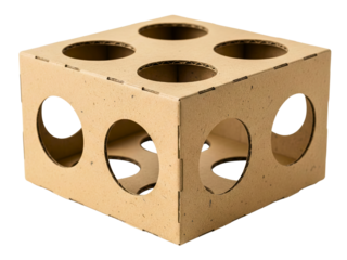 Square brown cardboard box structure with circular cut-out holes on a transparent background