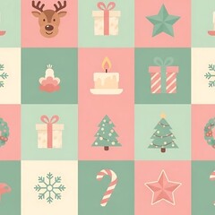 Festive Christmas Pattern with Holiday Icons in Pastel Colors.