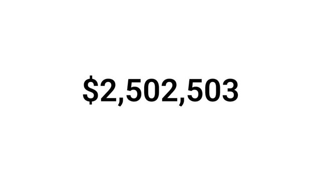 Dollar number counter animation from 0 to 5,000,000 in 4k for amount concept and financial or business use, animated dollar counter from zero to five Million on transparent background.