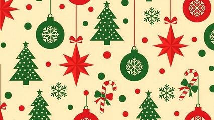 Festive Christmas Pattern with Ornaments, Trees, and Stars.