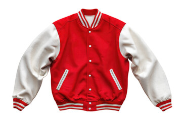 Varsity jacket with sleeves spread out for detail on transparent background