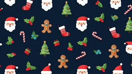 Festive Christmas Pattern with Santa, Gingerbread, and Decorations.