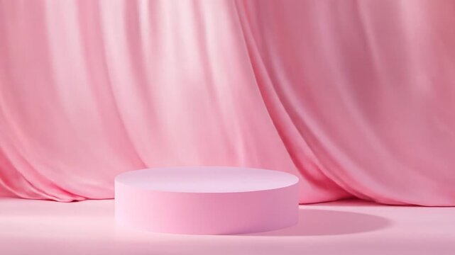 Pink platform stage with draped fabric background casting soft shadows for product display