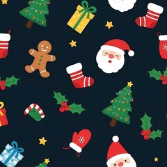 Festive Christmas Pattern with Santa, Gingerbread, and Holiday Decorations.