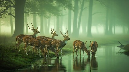 🦌 Deer Herd in Misty Forest Stream