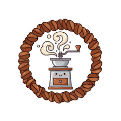 Whimsical coffee grinder character surrounded by a ring of roasted coffee beans presenting a delightful breakfast beverage preparation