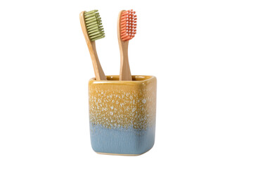 Bathroom accessory displayed with toothbrushes in holder on transparent background