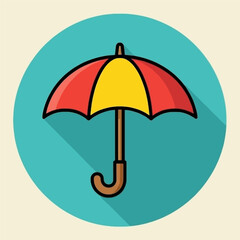A flat design illustration of an open umbrella with red and yellow panels, casting a long shadow.