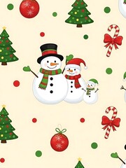 Festive Christmas Pattern with Snowmen, Trees, and Ornaments.