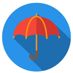 Red umbrella icon with long shadow on a blue circular background in a flat design style.