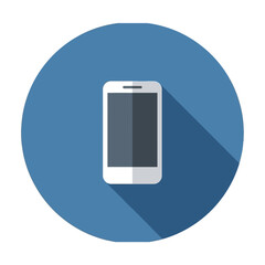 A flat design icon of a white smartphone with a dark screen casting a long shadow.