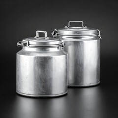Two metallic canisters with lids and handles stand on a black surface
