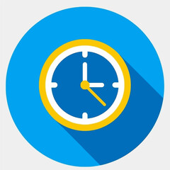 Vector clock icon illustration on a glossy square button is a business symbol for time and work design