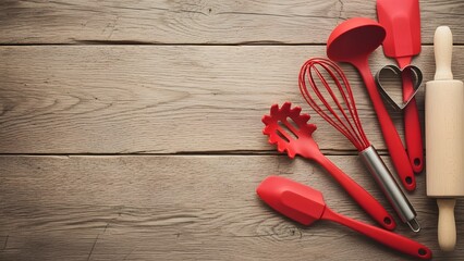 A collection of red kitchen utensils artfully arranged on a weathered wooden surface, evoking a sense of culinary creativity and warmth.