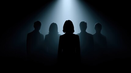 Silhouetted Figures in a Dimly Lit Scene with Dramatic Lighting and Atmospheric Fog Creating a Mysterious and Intriguing Mood