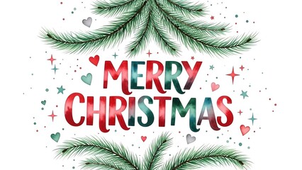Festive Merry Christmas Greeting with Watercolor Elements and Pine Branches.