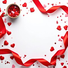 Romantic white background with hearts, ribbon, and a cup