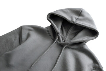 Hoodie garment arranged with drawstrings visible on transparent background