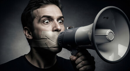 Man with taped mouth trying to shout into megaphone, concept of censorship symbol and suppression of freedom of speech