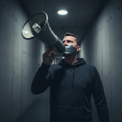 Man with taped mouth trying to shout into megaphone, concept of censorship symbol and suppression of freedom of speech