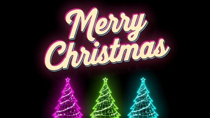 Festive Merry Christmas Neon Sign with Illuminated Christmas Trees.