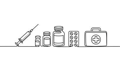 minimal continuous line medical supplies illustration with syringe pills bottles and first aid kit representing healthcare, treatment and medicine concept