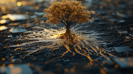 Golden tree grows on circuit board with roots spreading through technology