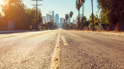 Obraz premium Empty road leads to downtown los angeles on sunny day